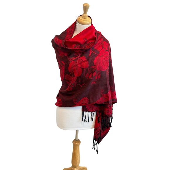 Pashmina Textured Floral Print Fringe Reversible Scarf Boho Layering Office - Picture 1 of 6